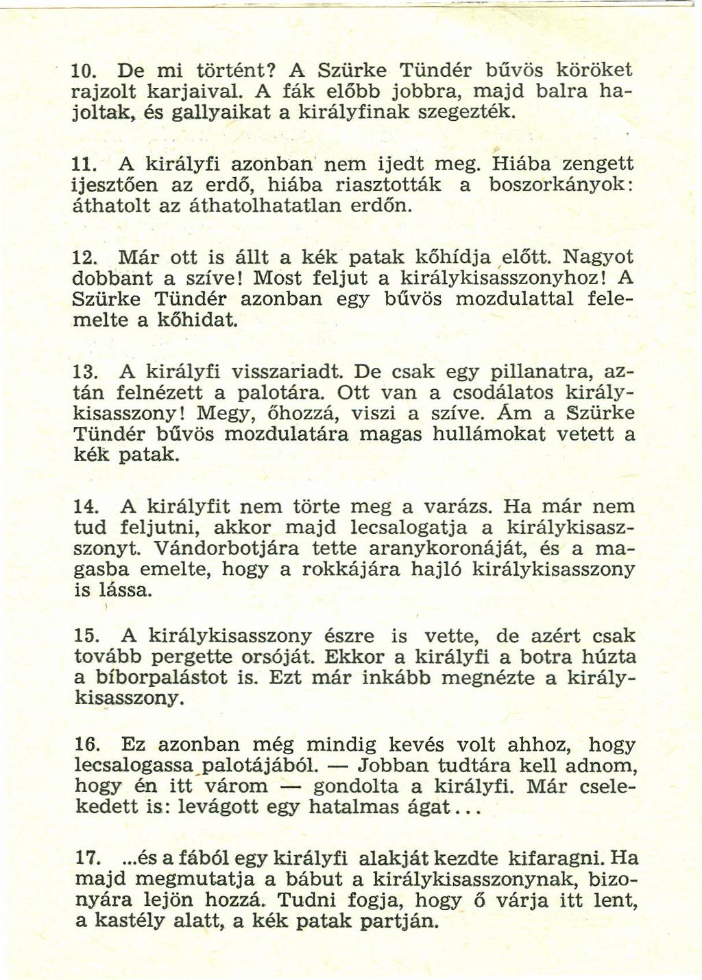 10. De mí történt? A Szürke Tündér bűvös köröket rajzolt karjaival. A fák előbb jobbra, majd balra hajoltak, és gallyaikat a királyfinak szegezték. 11. A királyfi azonban nem ijedt meg.