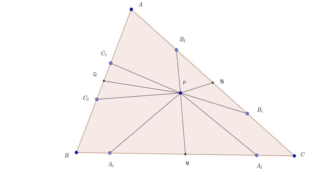 9. osztály -- I. forduló 3. feladat: Az ABC háromszög oldalai felvesszük a következő potokat: A, A BC ; B, B AC, C C AB úgy, hogy Megoldás:, AC, AB BC, AC C B BA. Legye G az ABC háromszög súlypotja.
