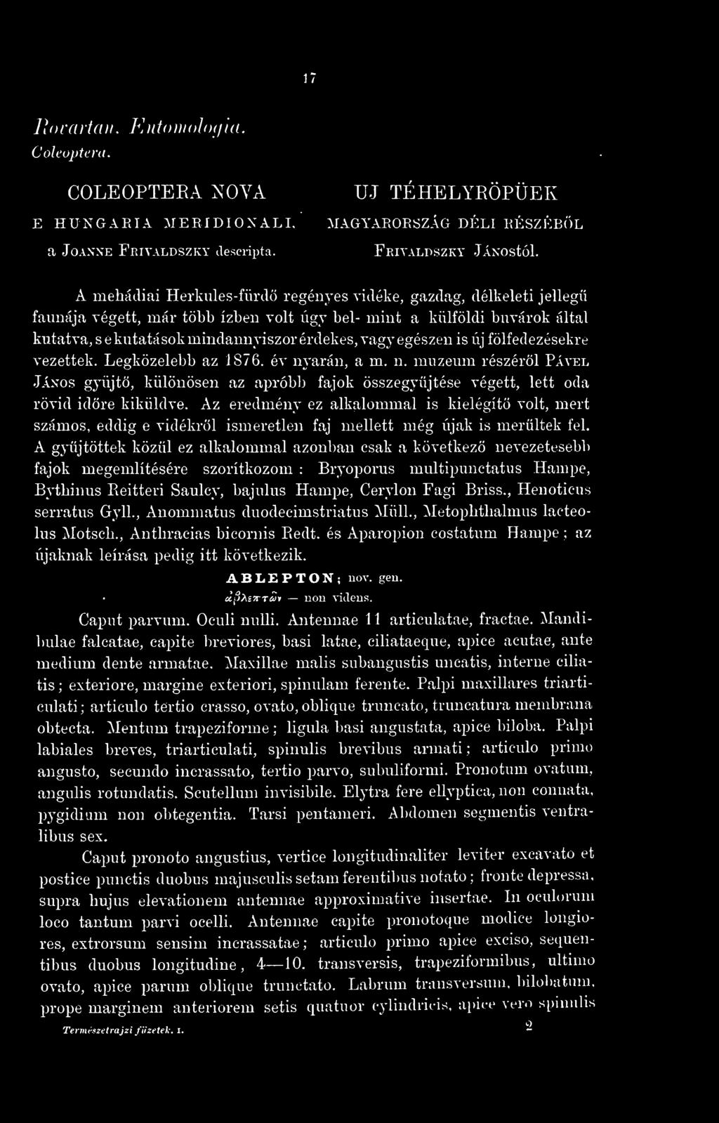 egészen is új fölfedezésekre vezettek. Legközelebb az 1876. év nyarán, a m. n. múzeum részérl Pável János gyüjtö, különösen az apróbb fajok összegyjtése végett, lett oda rövid idre kiküldve.