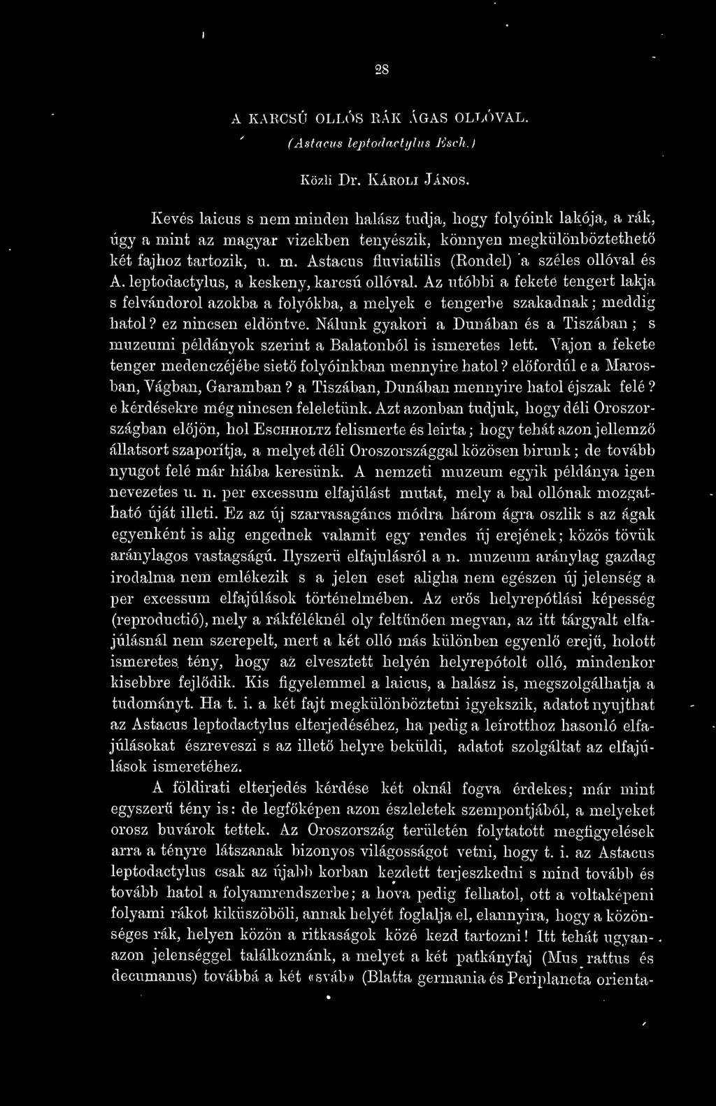 leptodactylus, a keskeny, karcsú ollóval. Az utóbbi a fekete tengert lakja s felvándorol azokba a folyókba, a melyek e tengerbe szakadnak ; meddig hatol? ez nincsen eldöntve.