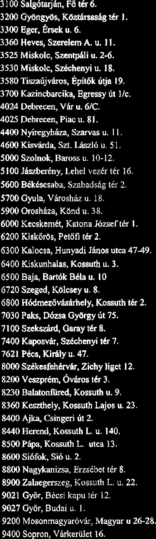 105 1 Budaptst, Szcnt lstvh ttr I I. 1QS2 Budapt, TUrr Istvin u. 9. 1056 Budapest, Vki u. 38. 1061 Budapest, AndrPssy dt 17. 1082 Budapest, Vhci ht 1-3. 1087 Budapest, Kerepesi 6t 9.