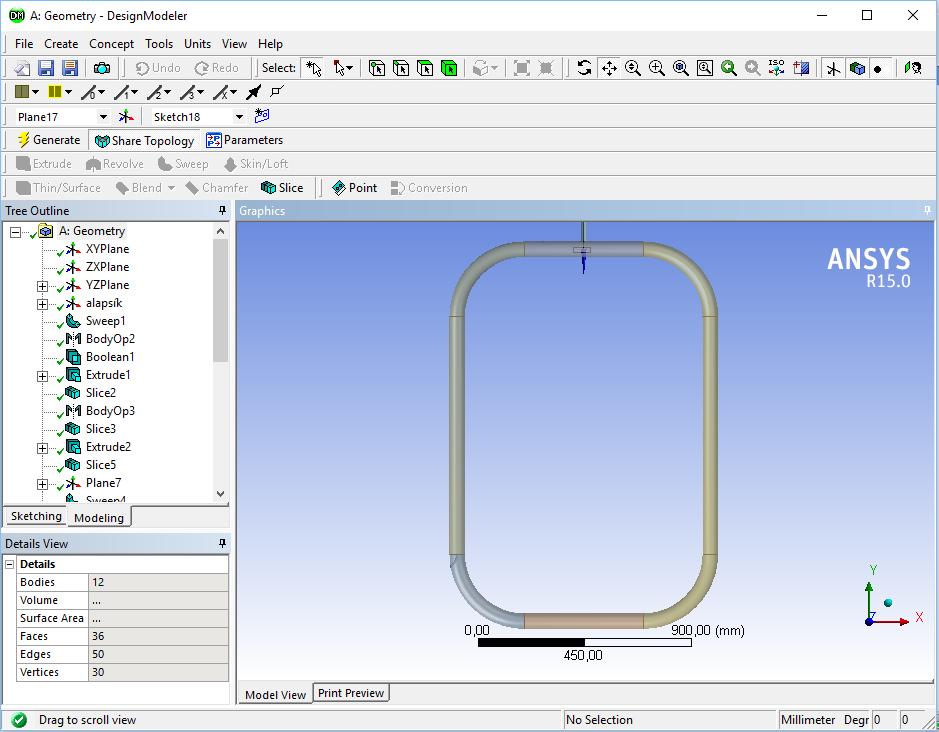 31. ábra Az ANSYS DESIGN MODELLER kezelőfelülete Forrás: saját Az első geometriai változtatás esetünkben a szakaszhatárolás volt, ami vágással történt.