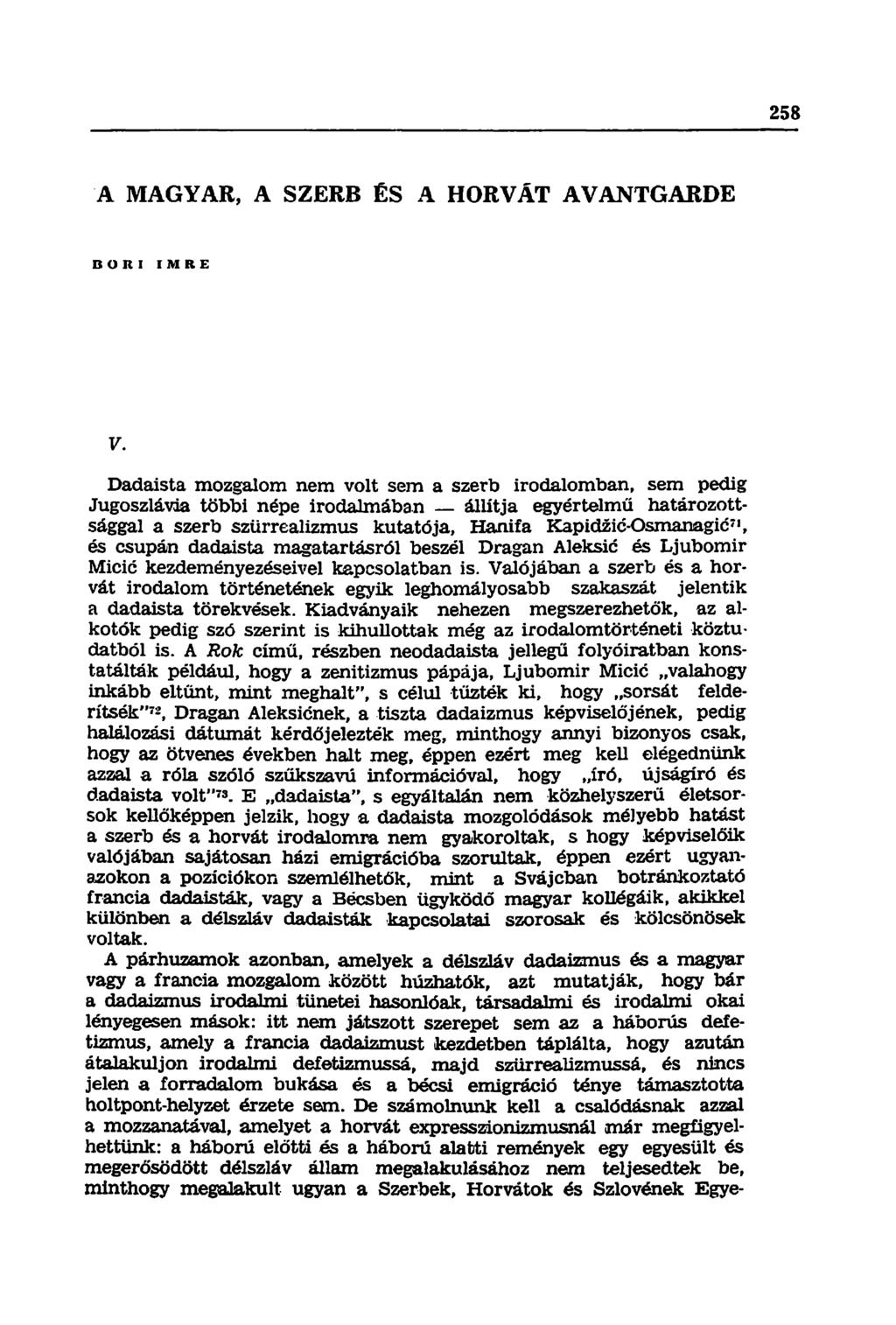 A MAGYAR, A SZERB ÉS A HORVÁT AVANTGARDE BORI IMRE V.