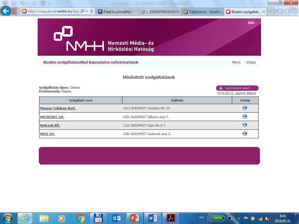 NMHH honlapon a minősítők jegyzéke: Pl.