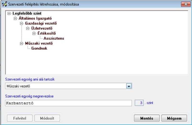 A Szervezeti egység megnevezése mezőbe írjuk be az új egység nevét. [Mentés] kapcsolóval véglegesítjük a felvitelt, [Mégsem] kapcsolóval visszavonjuk azt.