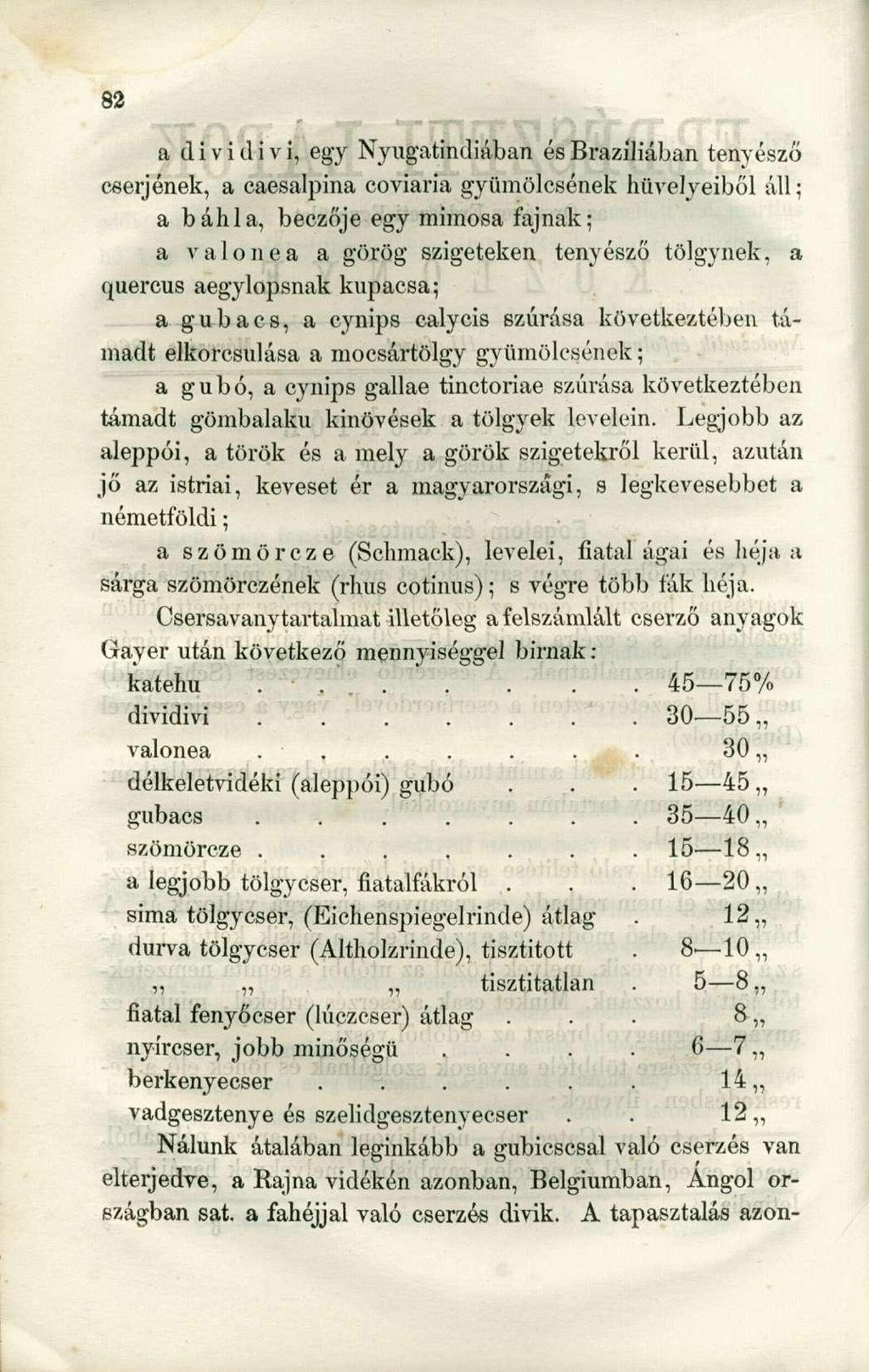 a dividivi, egy Nyugatindiában és Brazíliában tenyésző cserjének, a caesalpina coviaria gyümölcsének hüvelyeiből áll; a báhla, beczője egy mimosa fajnak; a valónea a görög szigeteken tenyésző