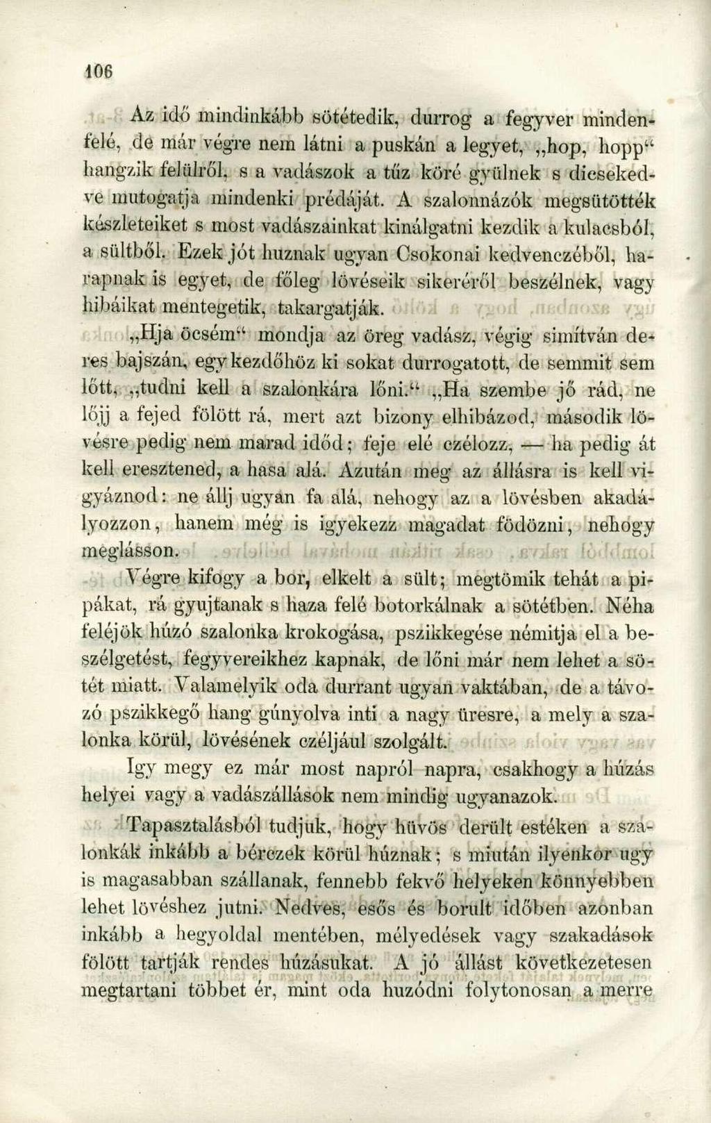 Az idő mindinkább sötétedik, durrog a fegyver mindenfelé, de már végre nem látni a puskán a legyet, hop, hopp" hangzik felülről, s a vadászok a tűz köré gyűlnek s dicsekedve mutogatja mindenki