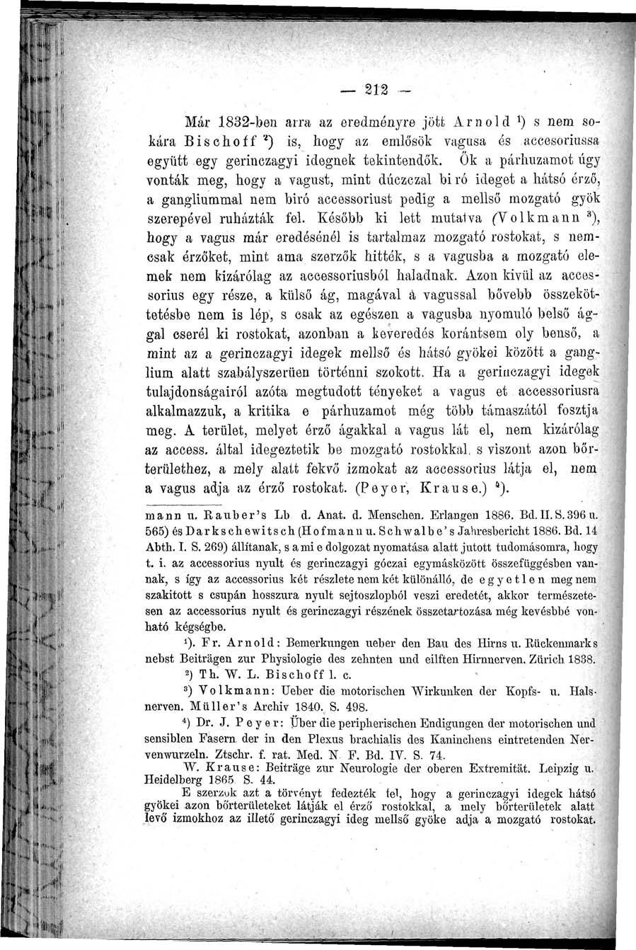 212 Már 1832-ben arra az eredményre jött Arnold J) s nem sokára Bisehoíf *) is, hogy az emlősök vagusa ós accesoriussa együtt egy gerinczagyi idegnek tekintendők.