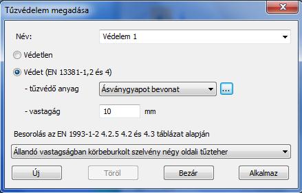 és a szigetelés vastagsága. A harmadik paraméter az EN 1993-1-2-4.5. szabvány szerinti tűzvédelmi besorolás megadása. Tűzvédelem megadása után ki kell választani az elemeket.