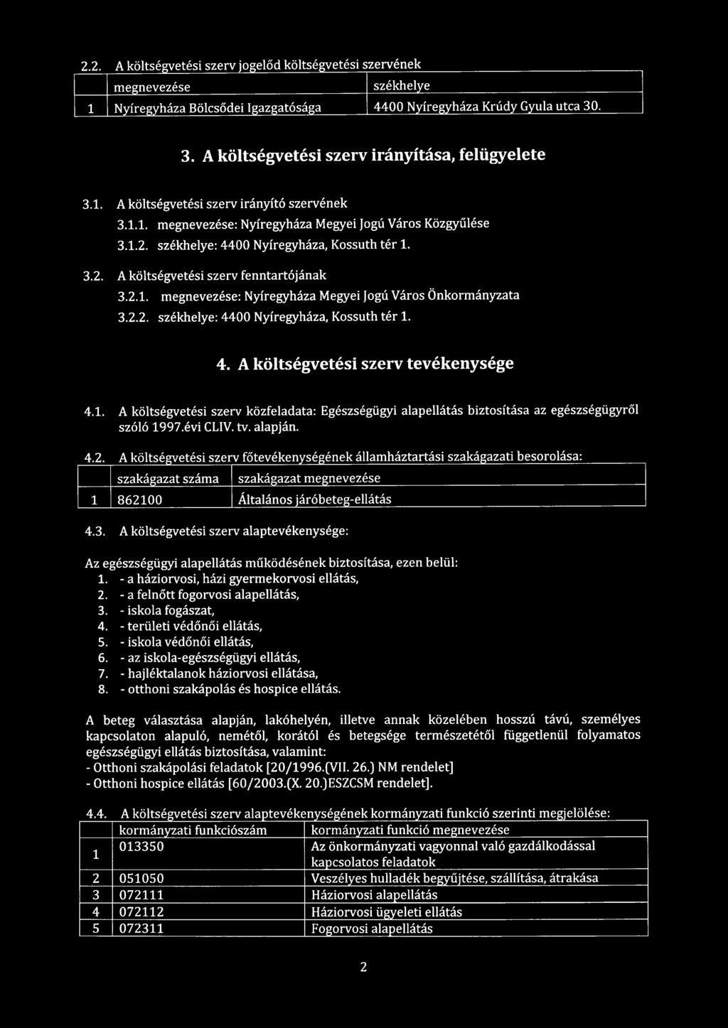 2.2. A költsé etési szerv o előd költsé etési szervének me nevezése székhel e 4400 N íre 3. A költségvetési szerv irányítása, felügyelete 3.1. A költségvetési szerv irányító szervének 3.1.1. megnevezése: Nyíregyháza Megyei Jogú Város Közgyűlése 3.