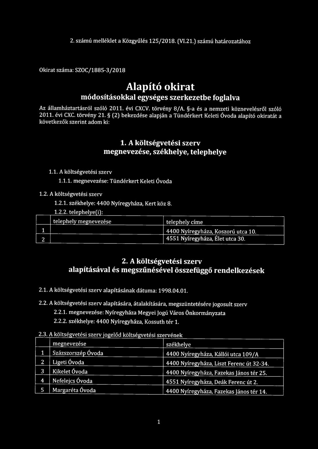 A költségvetési szerv megnevezése, székhelye, telephelye 1.1. A költségvetési szerv 1.1.1. megnevezése: Tündérkert Keleti Óvoda 1.2. A költségvetési szerv 1.2.1. székhelye: 4400 Nyíregyháza, Kert köz 8.