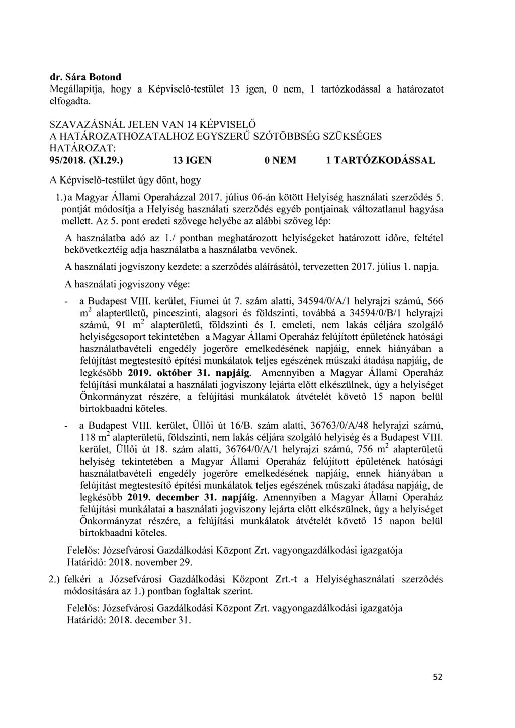 Megállapítja, hogy a Képviselő-testület 13 igen, 0 nem, 1 tartózkodással a határozatot elfogadta.