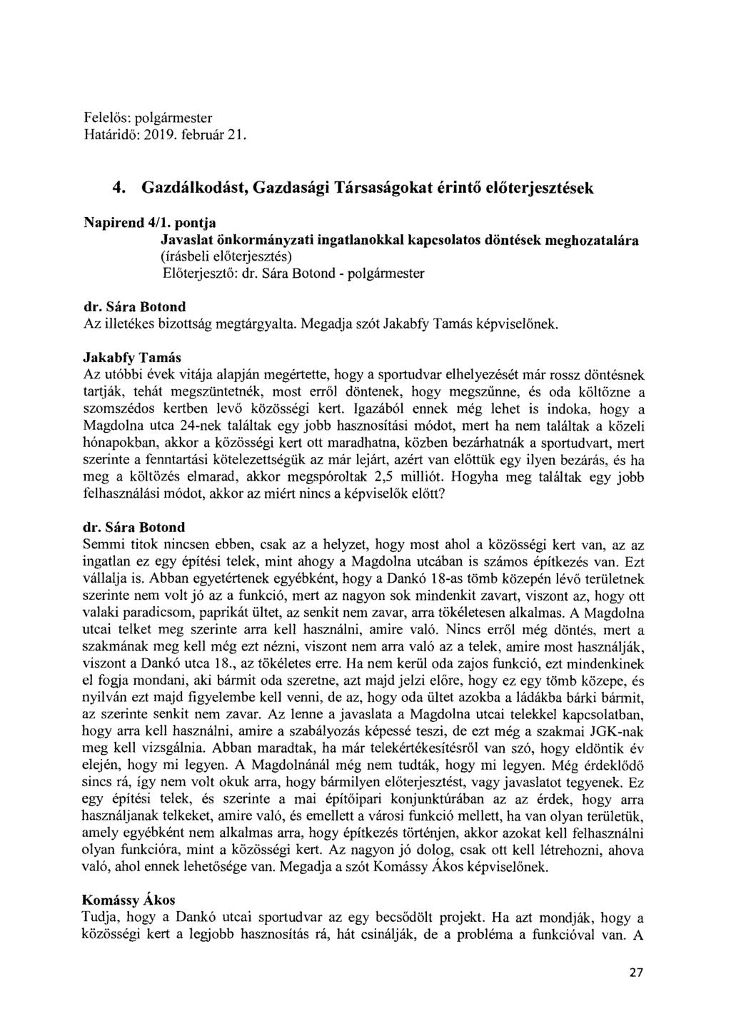 4. Gazdálkodást, Gazdasági Társaságokat érintő előterjesztések Napirend 4/1.