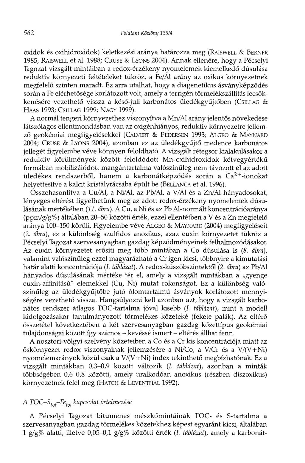 562 Földtani Közlöny 135/4 oxidok és oxihidroxidok) keletkezési aránya határozza meg (RAISWELL & BERNER 1985; RAISWELL et al. 1988; CRUSE & LYONS 2004).