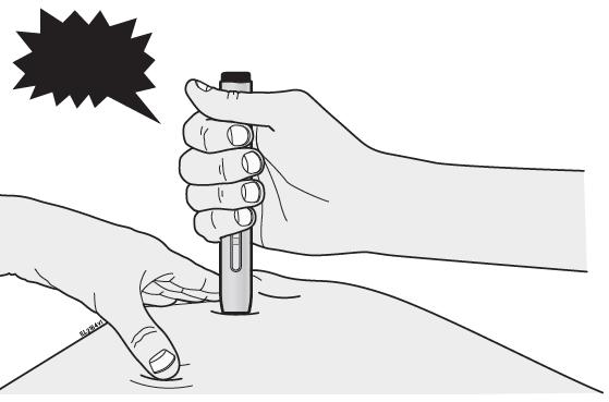 (J) Vegye el a hüvelykujját a gombról, de tartsa az injekciós tollat a bőrébe
