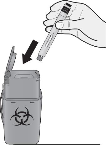 4. lépés: Befejezés (K) Dobja el a használt injekciós tollat és a kupakot. A használat után azonnal tegye a használt injekciós tollat egy, az éles eszközök tárolására szolgáló tartályba.