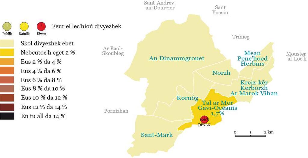 Pouez ar c helenn divyezhek er c hentañ derez e Sant-Nazer Bloavezh-skol 2009/2010 Unan eus ar feurioù kelenn divyezhek izelañ eo hini Sant-Nazer e-touez kêrioù bras Breizh.