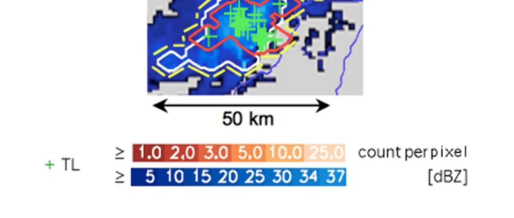 (a) Radar cella azonosítása (fehér vonallal határolva) (b) Villám cella azonosítása (c) A két cella összevetésével azonosítjuk az ec-tram cellát (Meyer et al., 2013).