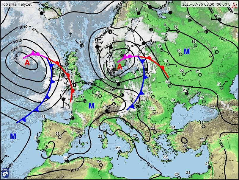 33 4.2. 2015. július 25-ei zivataros helyzet elemzése (a) (b) 21. ábra. Fronttérkép (a) július 25-én és (b) július 26-án 0 UTC-kor. Jól megfigyelhető a hidegfront közeledése. [4 OMSZ, http://met.hu/].