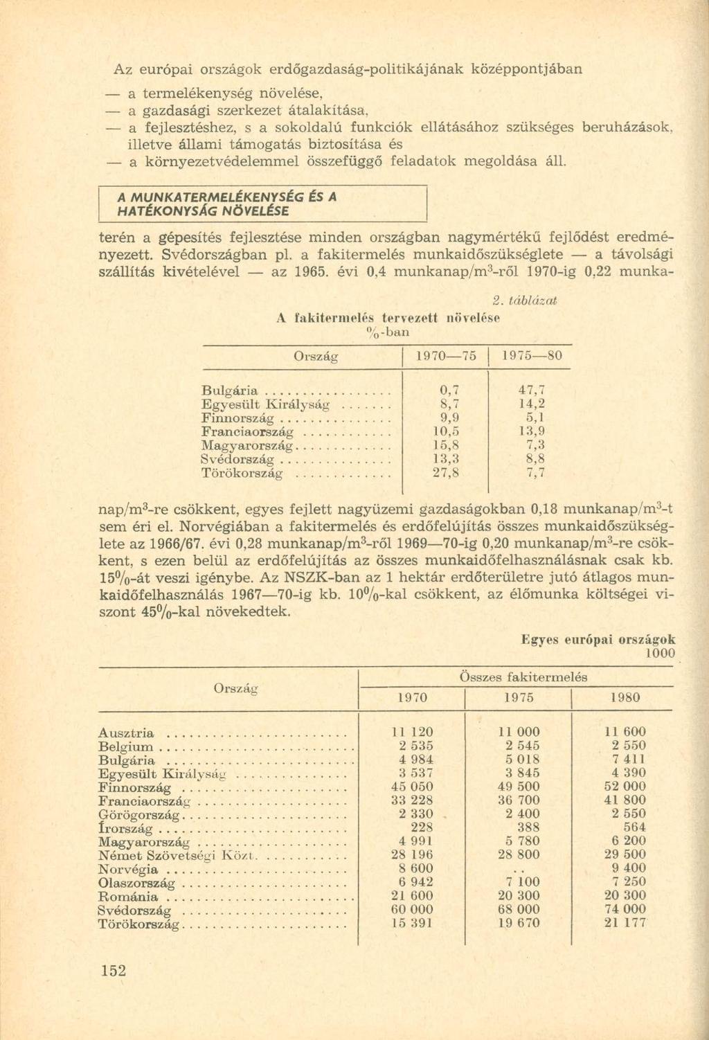 Az európai országok erdőgazdaság-politikájának középpontjában a termelékenység növelése, a gazdasági szerkezet átalakítása, a fejlesztéshez, s a sokoldalú funkciók ellátásához szükséges beruházások,