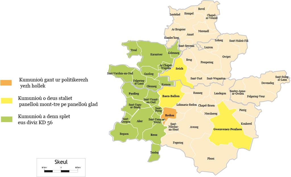 Kumunioù all Stad ar panelloù divyezhek e 2010 Kregiñ a ra ar brezhoneg da zont war wel er vro ; e kornôg ar vro, a-drugarez da ziviz departamant ar Mor-Bihan.