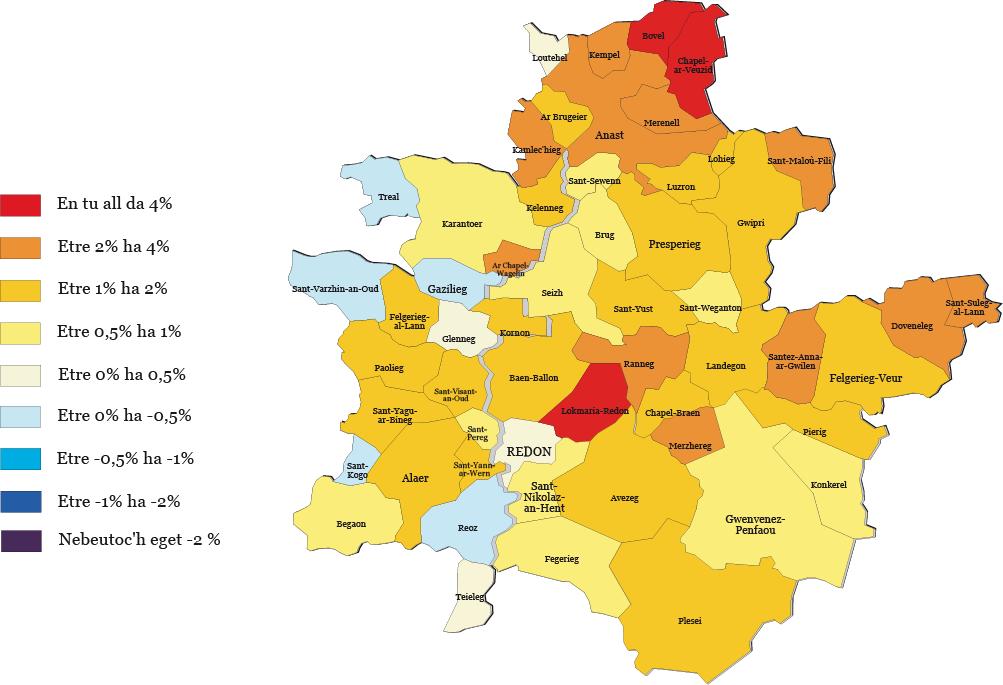 Emdroadur poblañs ar c humunioù etre 1999 ha 2006 Dibarderioù bro Redon hag ar Gwilen Gant 58 annezad dre km² eo bro Redon hag ar Gwilen unan eus ar broioù m eo an izelañ stankted ar boblañs.