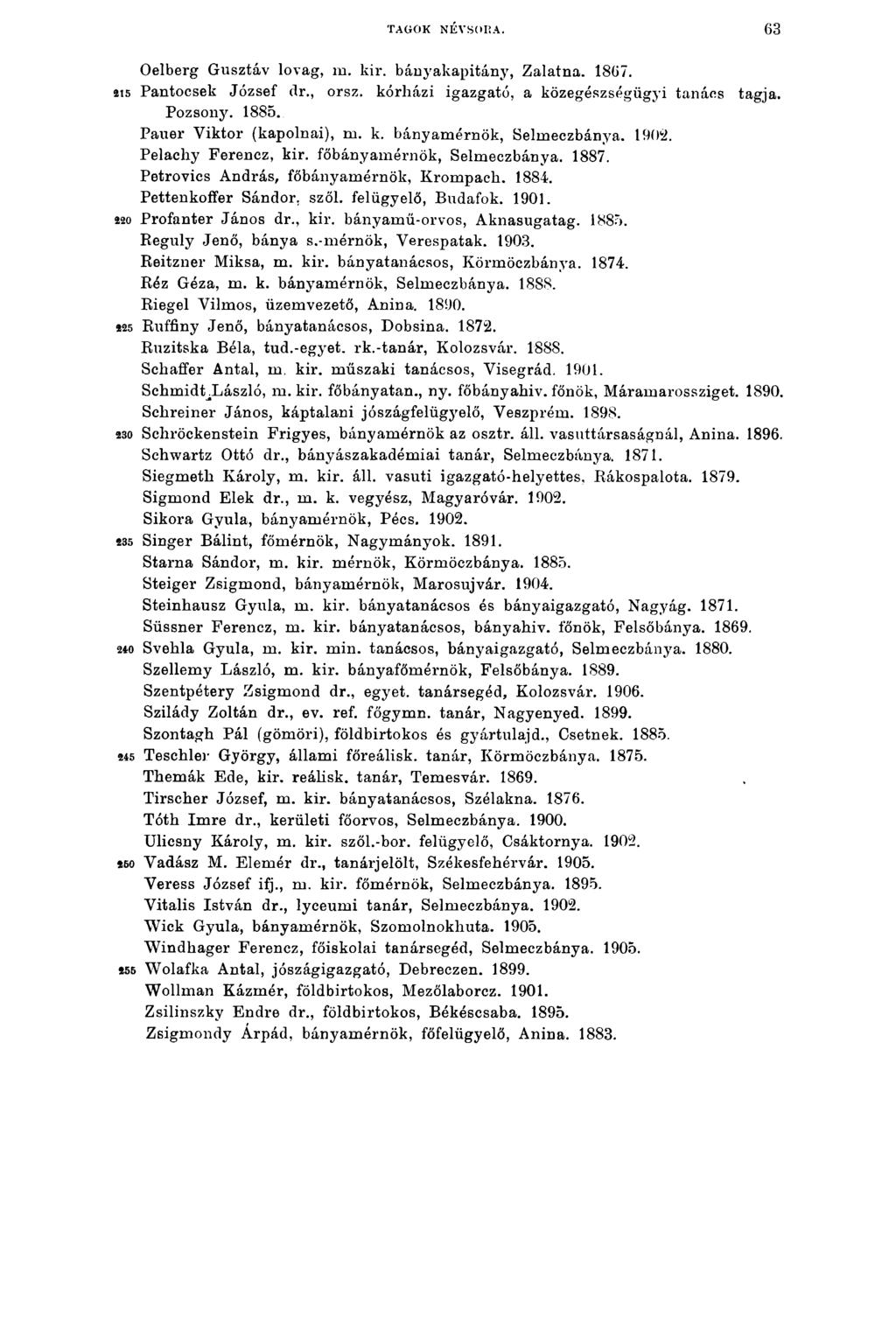 TAGOK NÉVSORA. 63 Oelberg Gusztáv lovag, m. kir. bányakapitány, Zalatna. 1867. 2t5 Pantocsek József dr., orsz. kórházi igazgató, a közegészségügyi tanács tagja. Pozsony. 1885.