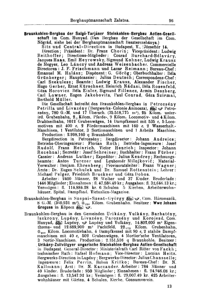 Berghauptmannschaft Zalatna. 96 Braunkohlen-Bergbau der Salgó-Tarjáner Steinkohlen-Bergbau Actien-Gesellschaft im Com. Hunyad. (Den Bergbau der Gesellschaft im Com.