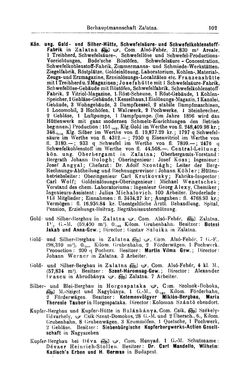 Berhauplmannschaft Zalatna. 102 Kön. ung. Gold- und Silher-Hiitte, Schwefelsäure- und Schwefelkohlenstoff- Fabrik in Zalatna feü vap, Com.