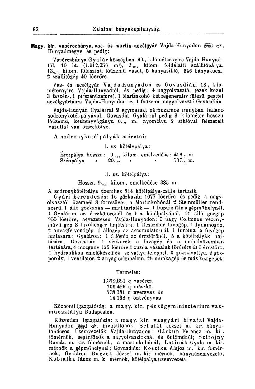93 Zalatnai bányakapitányság. Magy. kir. vasérczbánya, vas- és martin-aczélgyár Vajda-Hunyadon ggjfl vtfs Hunyadmegye, és pedig: Vasérczbánya Gyalár községben, 20.