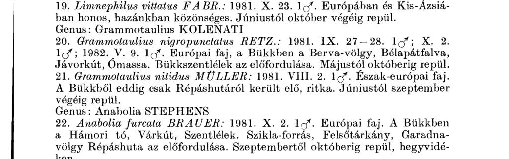 . A Palearktikum északi, középső szakaszán él. A Bükkben a Hámori- tó, Répás huta, Szalajka-völgy az előfordulása (SÁTORI, 1939). Júniust ó l október végéig repül. 19. Limnephilus vittatus FABR.