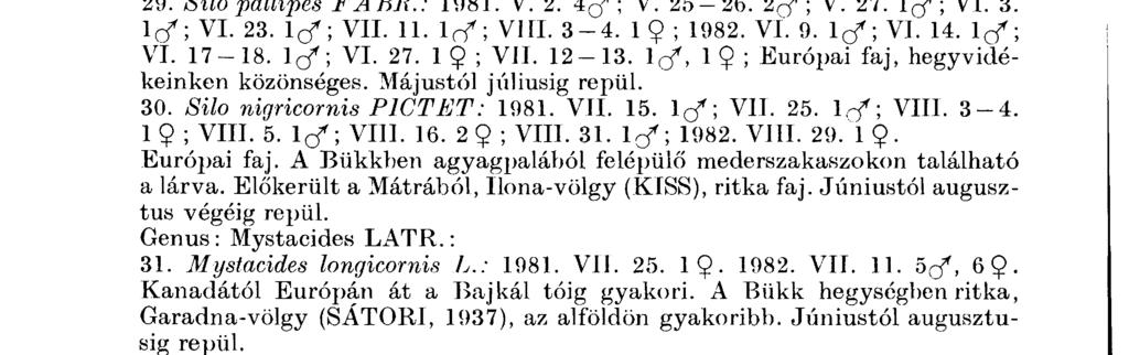 K özéphegységei nkben g y a k o r i. R e pül ési p er i ó dusa o k t ó b e r, n o v e m b e r h ón ap o k. Goeridae G en u s : Silo C U R T I S 29. Silo pallipes FA BR.: 1981. V. 2. 4 0 * ; V.