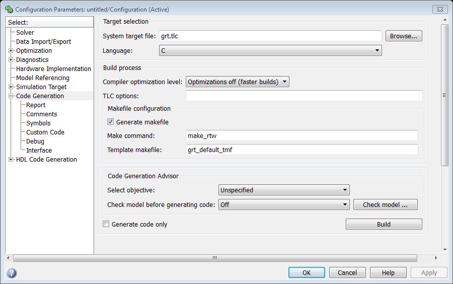 6. feladat külső kód generálása Simulink Coder segítségével A Simulink modellből történő kódgeneráláshoz a Configuration parameters dialógusablak Code Generation csoportját kell megfelelően