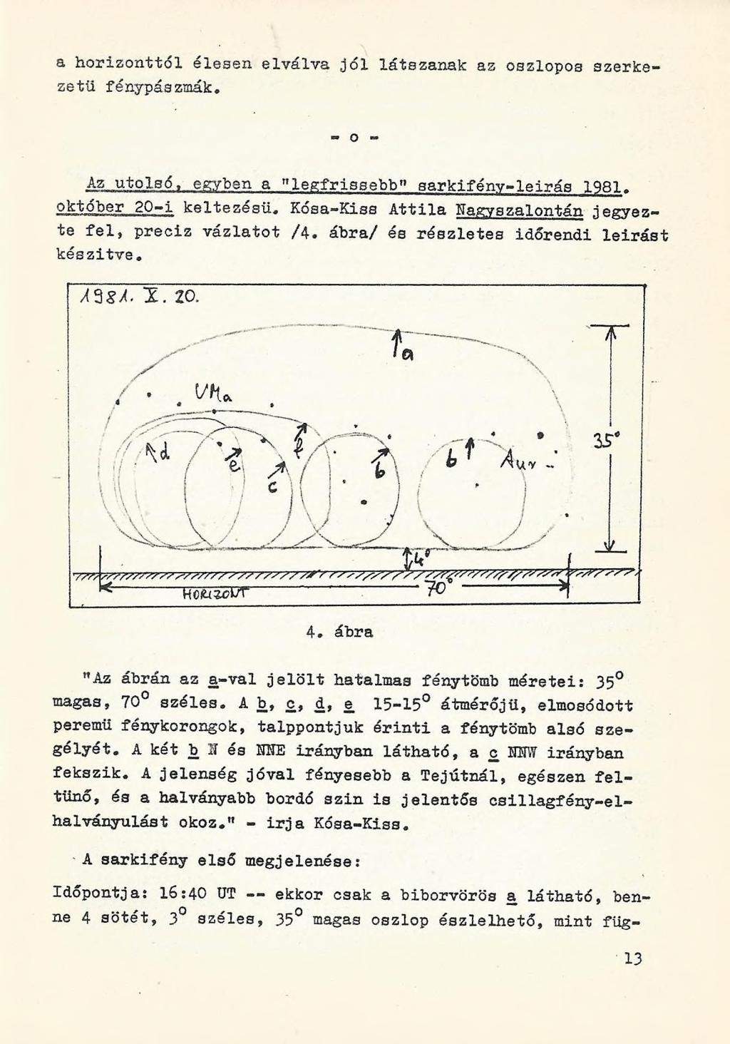 a horizonttól élesen elválva jól látszanak az oszlopos szerkezetű fénypászmák. Az.utp.lB0, egyben a "legfrissebb sarkifény-leirás 1981. október 20-i keltezésű.