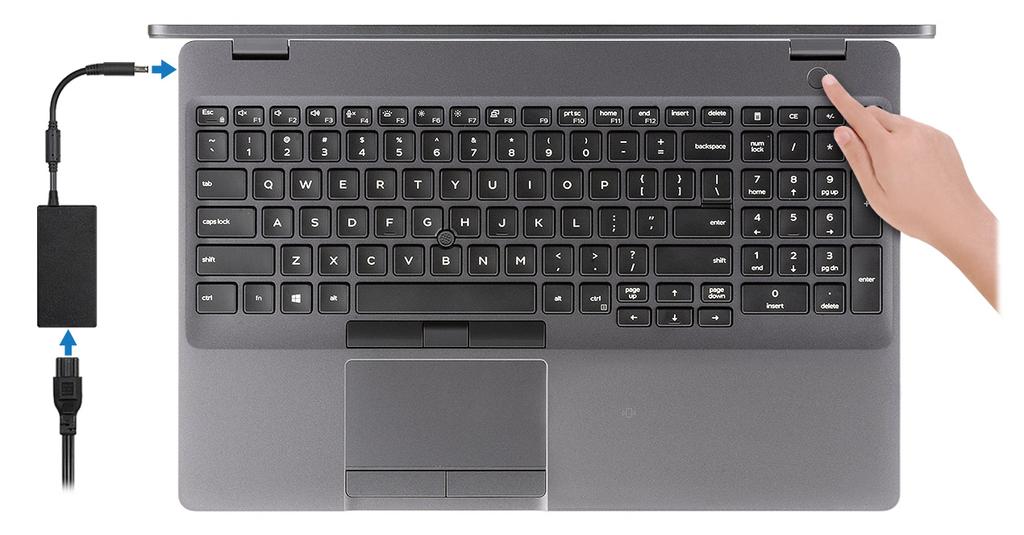Az Latitude 5501 beállítása (példa) 1 MEGJEGYZÉS A jelen dokumentumban található képek a megrendelt konfigurációtól függően eltérhetnek a számítógépen megjelenő képektől. 1. Csatlakoztassa a tápadaptert, és nyomja meg a bekapcsológombot.