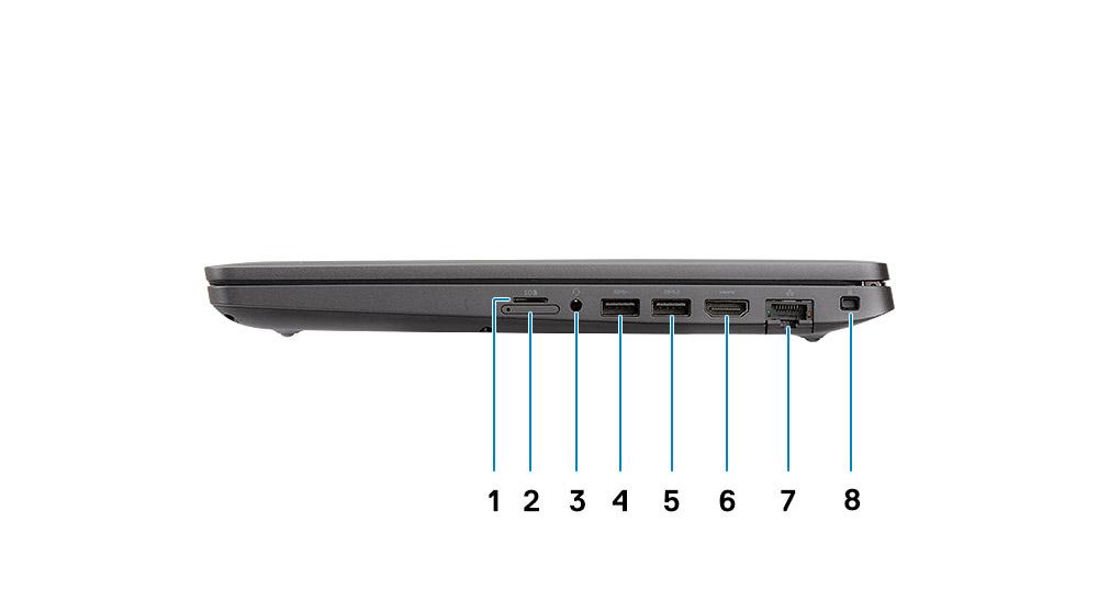 Bal oldali nézet 1. Tápcsatlakozóport 2. USB 3.1 Gen 2 (USB Type-C) port Thunderbolt funkcióval 3. USB 3.1 Gen 1 port 4. SmartCard olvasó (opcionális) Jobb oldali nézet 1. microsd kártyaolvasó 2.