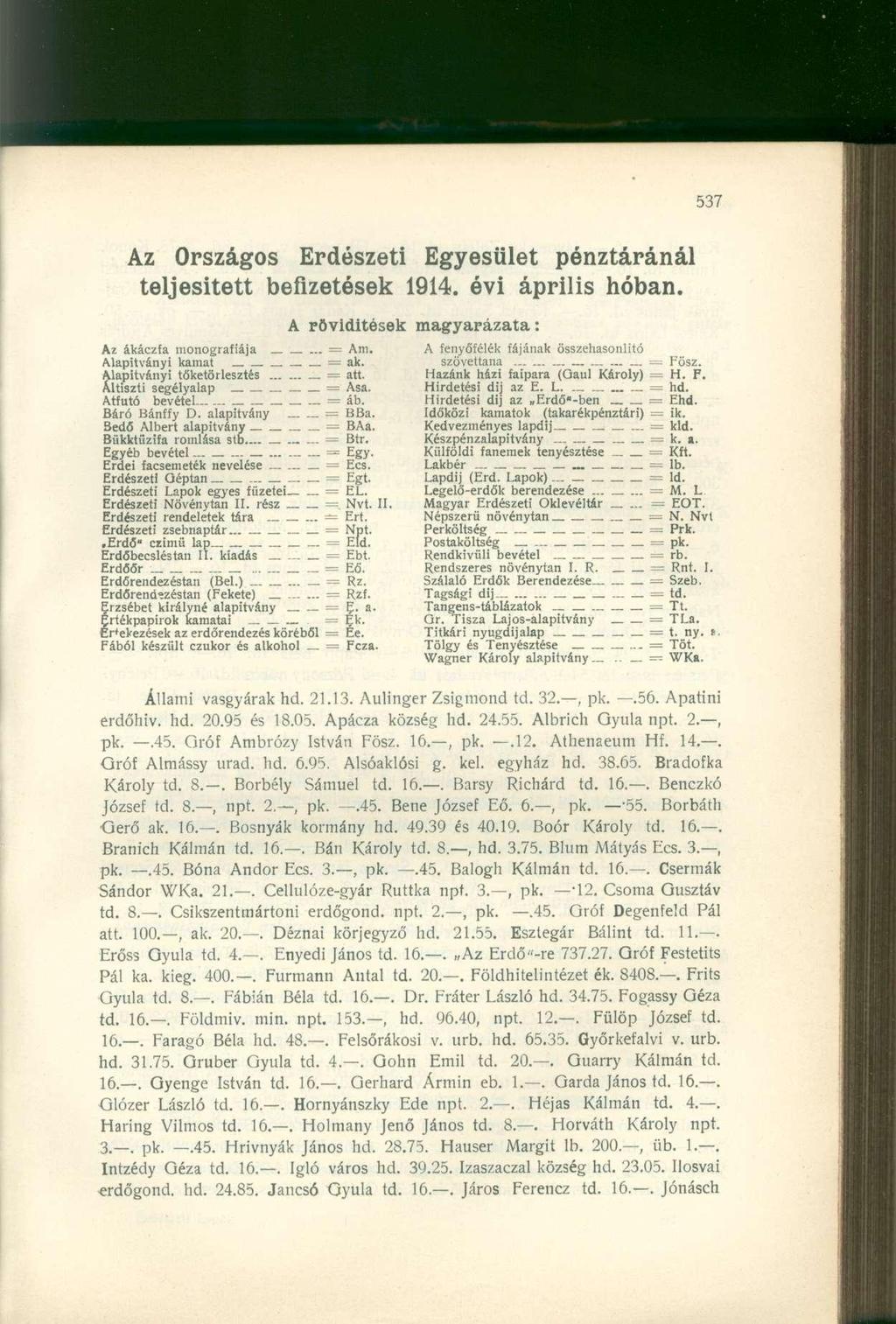Az Országos Erdészeti Egyesület pénztáránál teljesitett befizetések 1914. évi április hóban. A rövidítések Az ákáczfa monográfiája... = Am. Alapítványi kamat = ak. lapitványi tőketörlesztés _ == att.