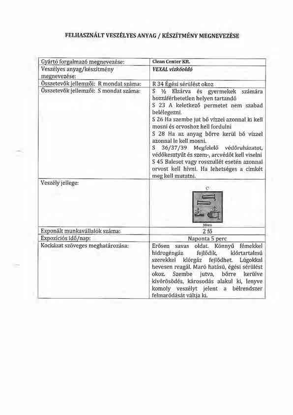 FELHASZNALT veszelyes ANYAG / KEszirufl\ry iurcnevlzfsr Cydrtri forgalmazd megneveztise: Clean Center Kft Vesz6lyes anyag/k6szitmdny VEXAL vizk6old6 megnevez6se: Osszetev6k iellemz6i: R mondat szema: