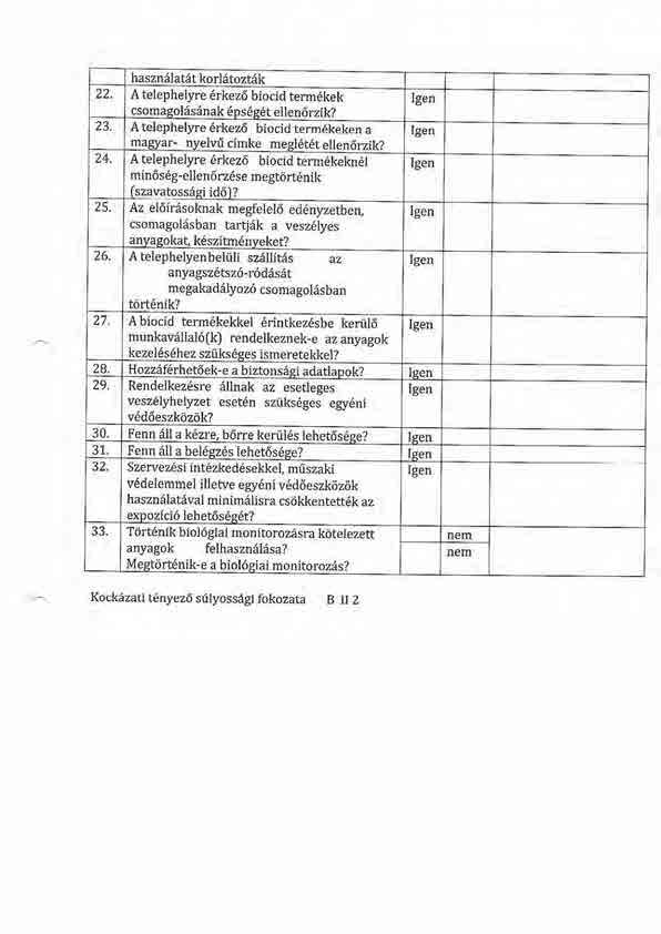 haszn latiitkorletoztak 22. A telephelyre 6rkez6 biocid term6kek csomagolasanak 6ps696t ellen6rzik? 23. A telephelyre 6rkez6 biocid term6keken a magyar- nyelvf cimke megl6t6t ellen6rzik? 24.