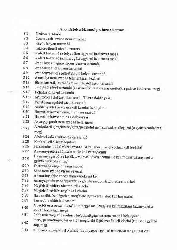 S mondatok a biztonsagos hasznelathoz S 1 Elzerva tartand6 S2 Gyermeke kez6be nem kenilhet S 3 Hiiv6s helyen tartand6 S 4 Lakdteriilett6l tavol tartand6 S 5.