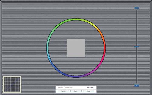 A Previous (Előző) gomb le van tiltva, amíg a második szín képernyőre nem lépett. A Next (Tovább) gombbal a következő képernyőre léphet (6 db beállító képernyő).