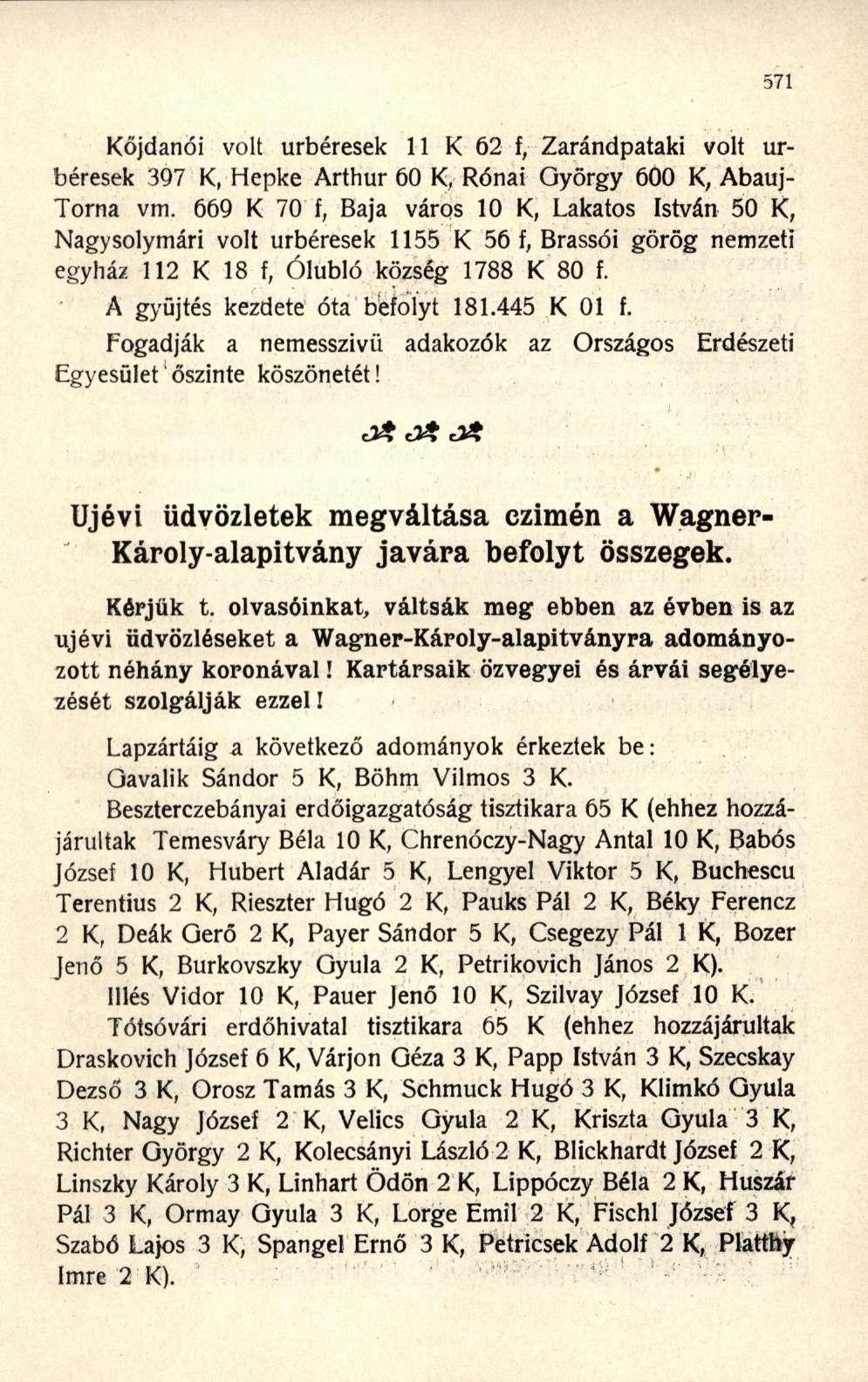 Kőjdanői volt úrbéresek 11 K 62 f, Zarándpataki volt úrbéresek 397 K, Hepke Arthur 60 K, Rónai György 600 K, Abauj- Torna vm.