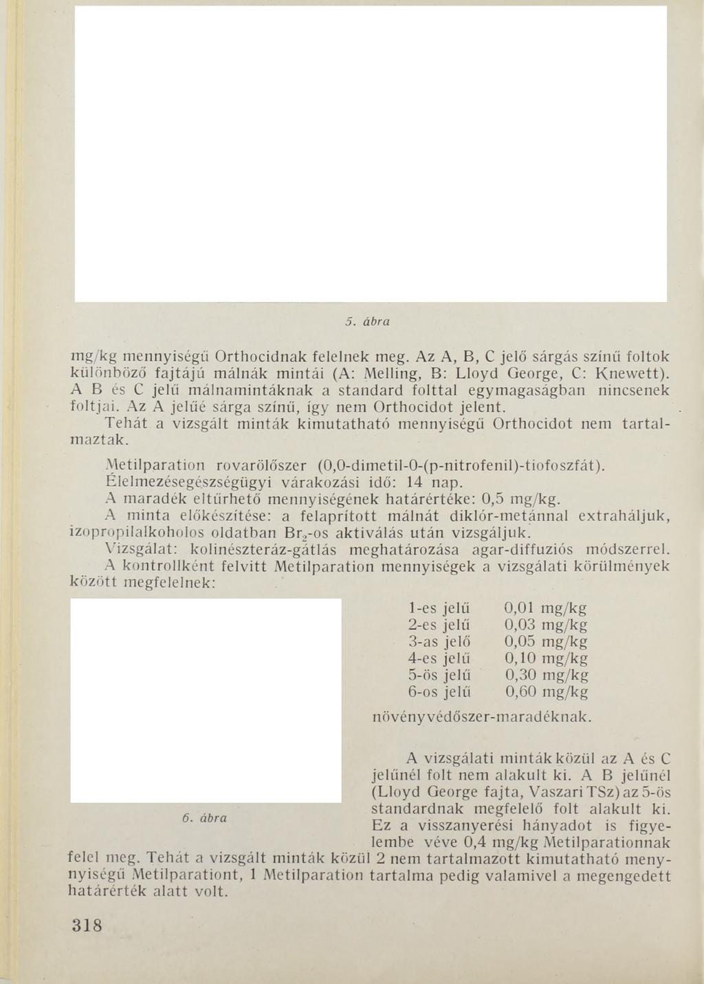 5. ábra mg/kg mennyiségű Orthocidnak felelnek meg. Az A, B, C jelő sárgás színű foltok különböző fajtájú málnák mintái (A: Melling, B: Lloyd George, C: Knewett).