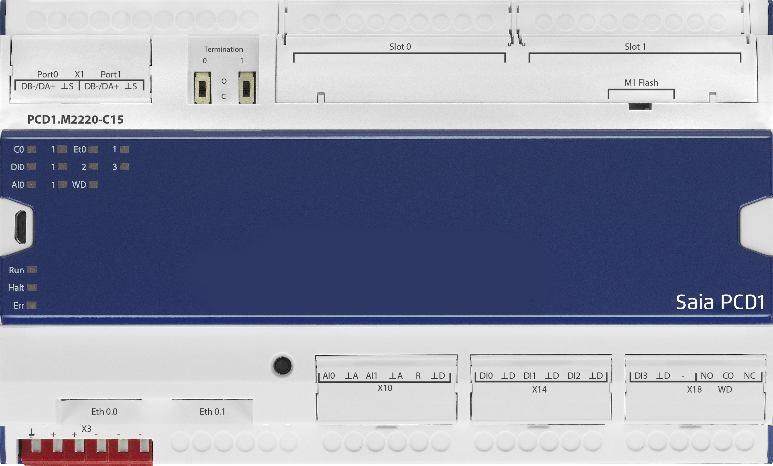 beépített 4 DI, 1 RO, 2 AI; 2 szabad modulhely; 24 VAC / tápellátás; 2 integrált RS485-ös soros port; optimalizált S-Bus protokoll; Ethernet switch