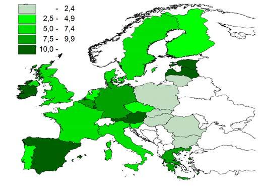44 A KSH JELENTI 2010/3 12. ábra Az Európai Unió tagállamaiban tartózkodó külföldi állampolgárok aránya a teljes népességhez képest, 2008. január 1.