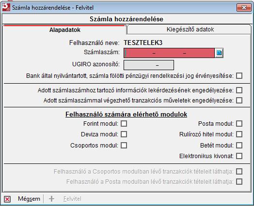 Az ablakban lehet beállítani a felhasználó számára szükséges jogokat (csak a kiválasztott jogok/modulok lesznek elérhetőek a felhasználó számára): Aláírói joggal rendelkező felhasználó esetén a Bank