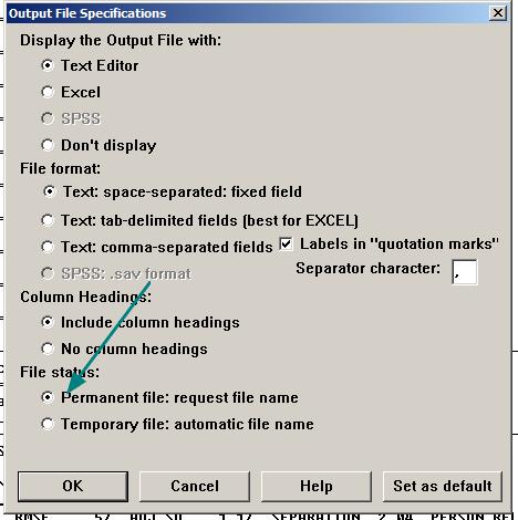 Az "Output File Specifications" ablakban válasszuk ki a következőket: Text Editor Text: space-separated Include Column Headings Permanent file Kattintsunk az OK gombra!