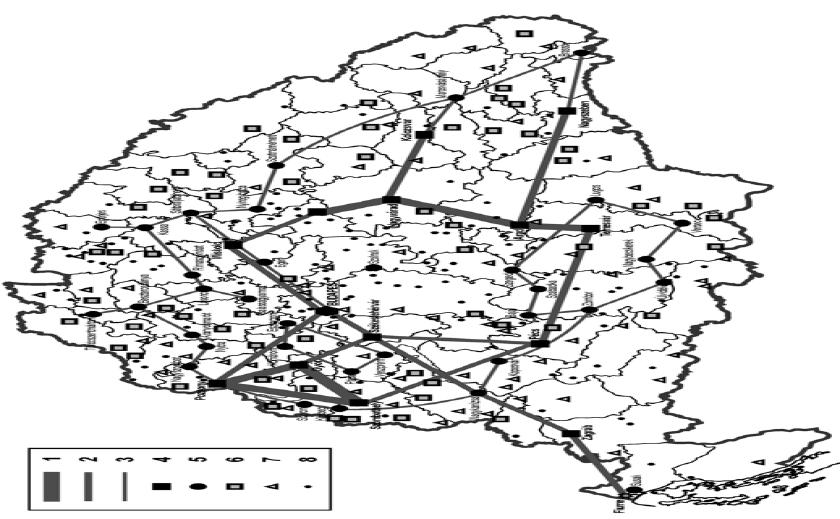 MAGYARORSZÁG VÁROSHIERARCHIÁJA A PÉNZINTÉZETI SZEREPKÖR ALAPJÁN, 1910. Jelmagyarázat: 1 Innovációs zóna; 2 A regionális pénzintézeti központok belső gyűrűje ; 3 A II.