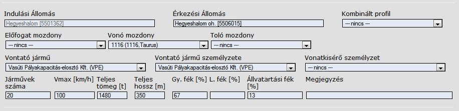 A menetvonal adatlapján a program kijelzi az első szolgáltatás kezdetéig hátralévő időt. 21. Vonatösszeállítás: A vonatösszeállítás megadásakor az alábbi paramétereket kell megadni: a.