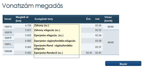 Az igénylés adatlapján a vonatszámok gombra kattintva megnyílik a menetvonal útvonala, katalógus